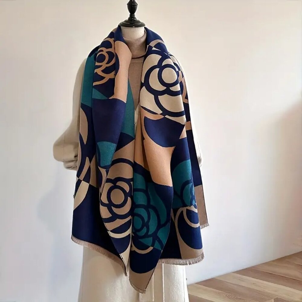 NEW! EXQUISITE Camelia FLOWER FAUX CASHMERE WRAP SHAWL SCARF